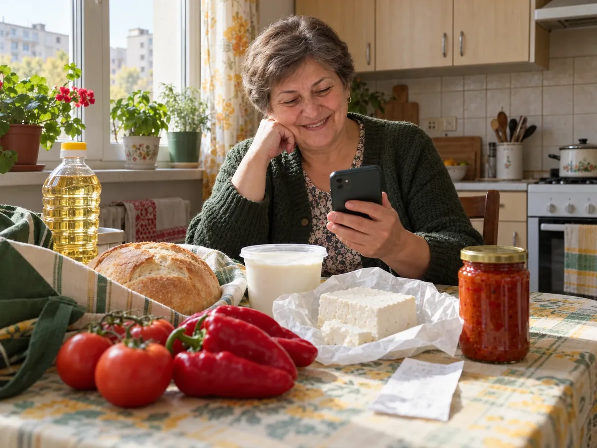 Жена на кухненската маса преглежда офертите на телефона си, пред нея са покупките за седмицата
